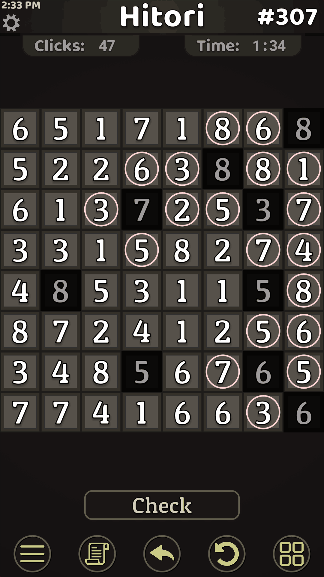 Hitori puzzle in progress